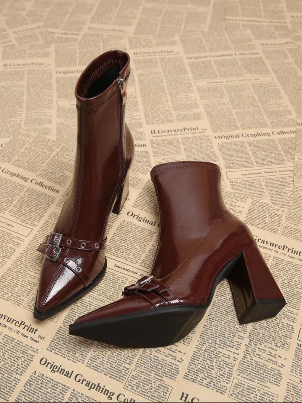 Women's Brown Patent Pointed Toe Buckle Ankle Boots